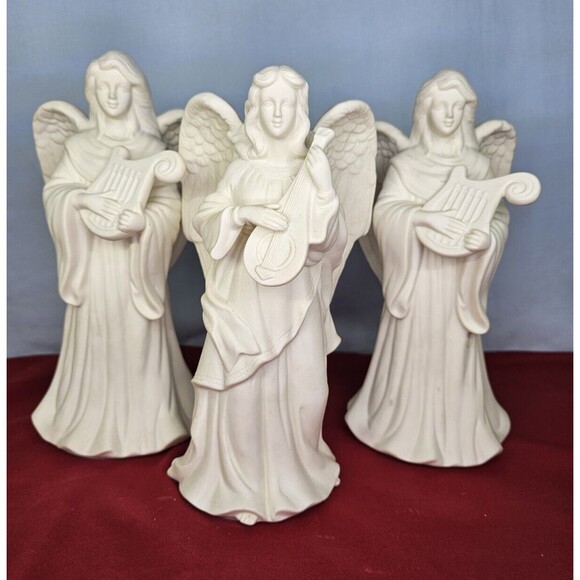 Angels Candle Holders Set of 3 PARTYLITE White w/Harp & Lute 1980s Mantel Decor - Picture 1 of 15